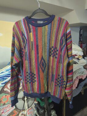 vintage Tosani sweater mens Med Rainbow Multi Color 1990s Coogi style Grandpa